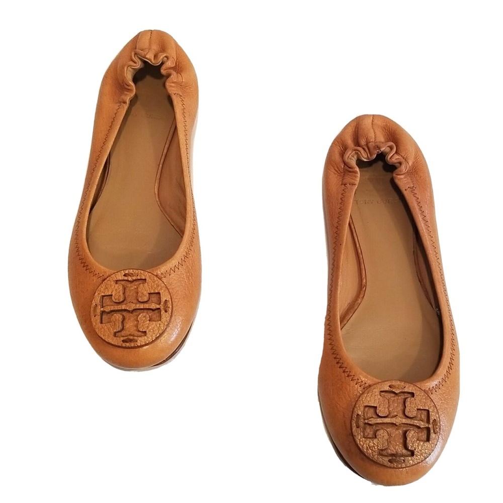 Tory Burch Reva Ballet Flats Tan Brn Leather Logo Slip On, size 7, w/shoe bag